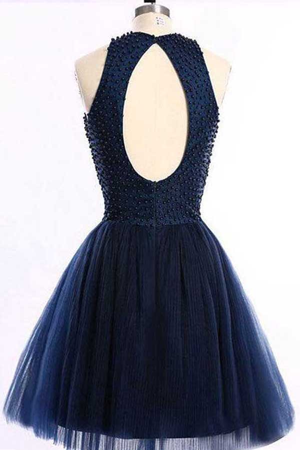 Navy Blue A Line Halter Sleeveless Keyhole Back Beading Short Homecoming Dresses