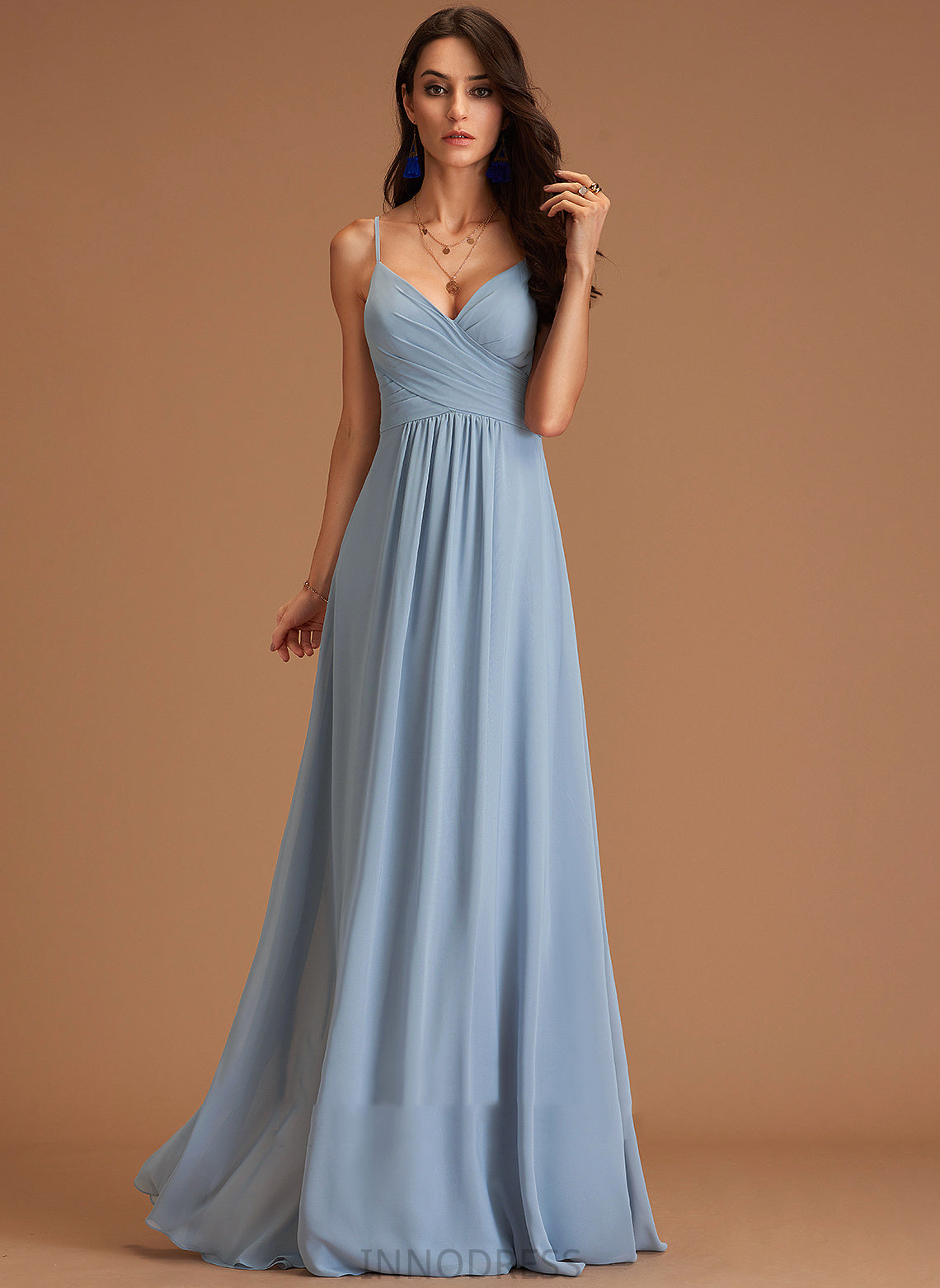 A-Line V-neck Floor-Length Silhouette Fabric Ruffle Length Neckline Embellishment Sibyl Floor Length Natural Waist Bridesmaid Dresses