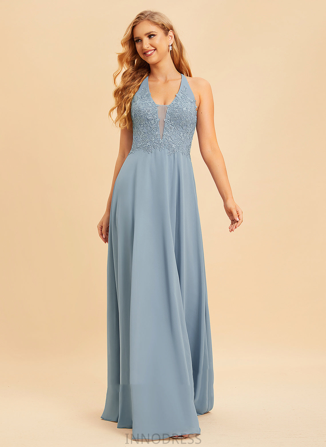 A-Line Length Fabric V-neck Lace Embellishment Floor-Length Silhouette Neckline SplitFront Kaitlin Scoop Bridesmaid Dresses