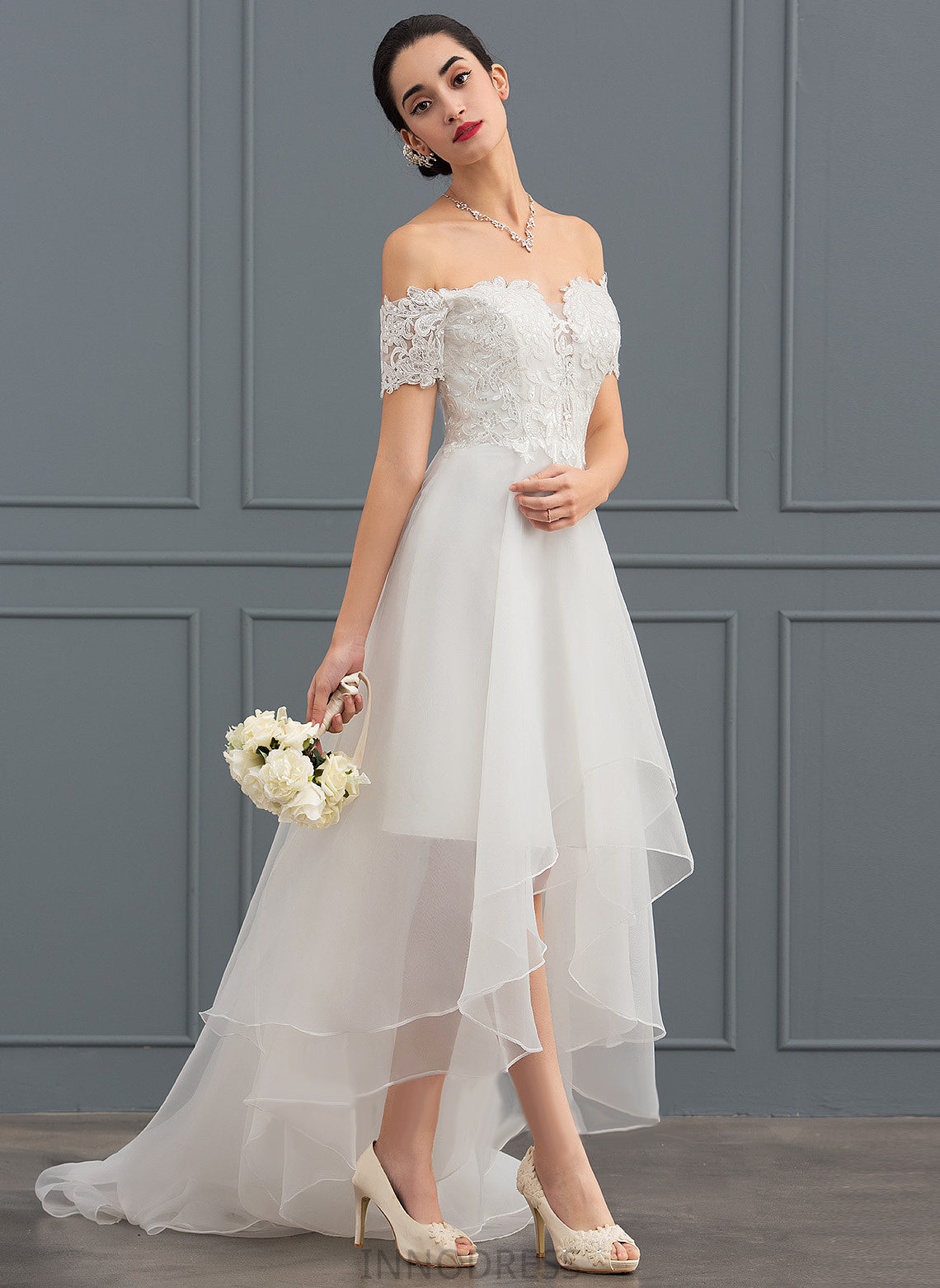 Sequins Lace A-Line Wedding Organza Asymmetrical Dress With Wedding Dresses Ivy