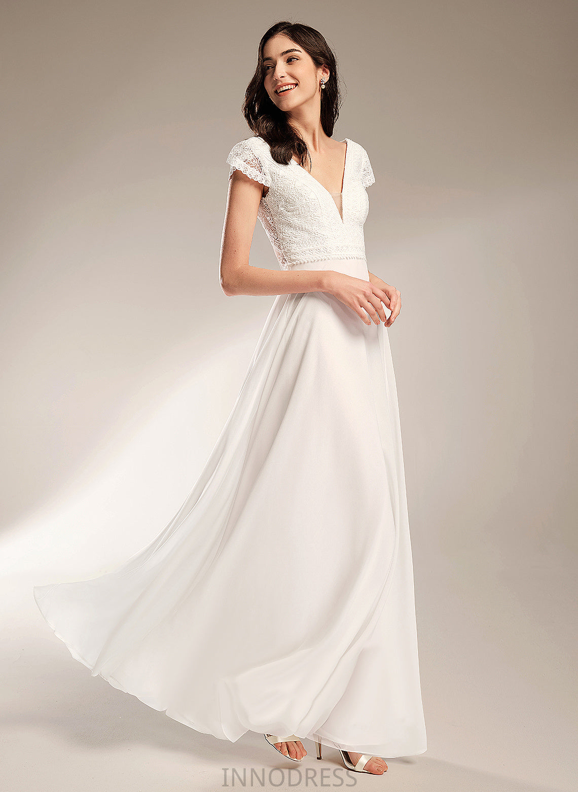 Wedding Dresses V-neck Dress Floor-Length Wedding Chiffon Lace A-Line Juliana