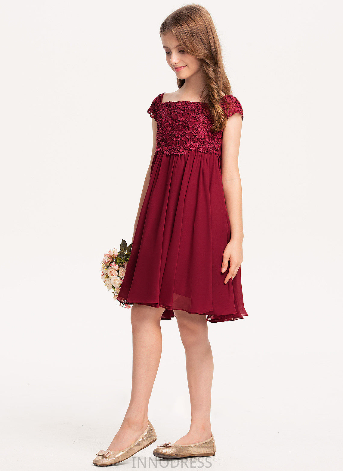 With Off-the-Shoulder Junior Bridesmaid Dresses Madalyn A-Line Chiffon Bow(s) Knee-Length Lace