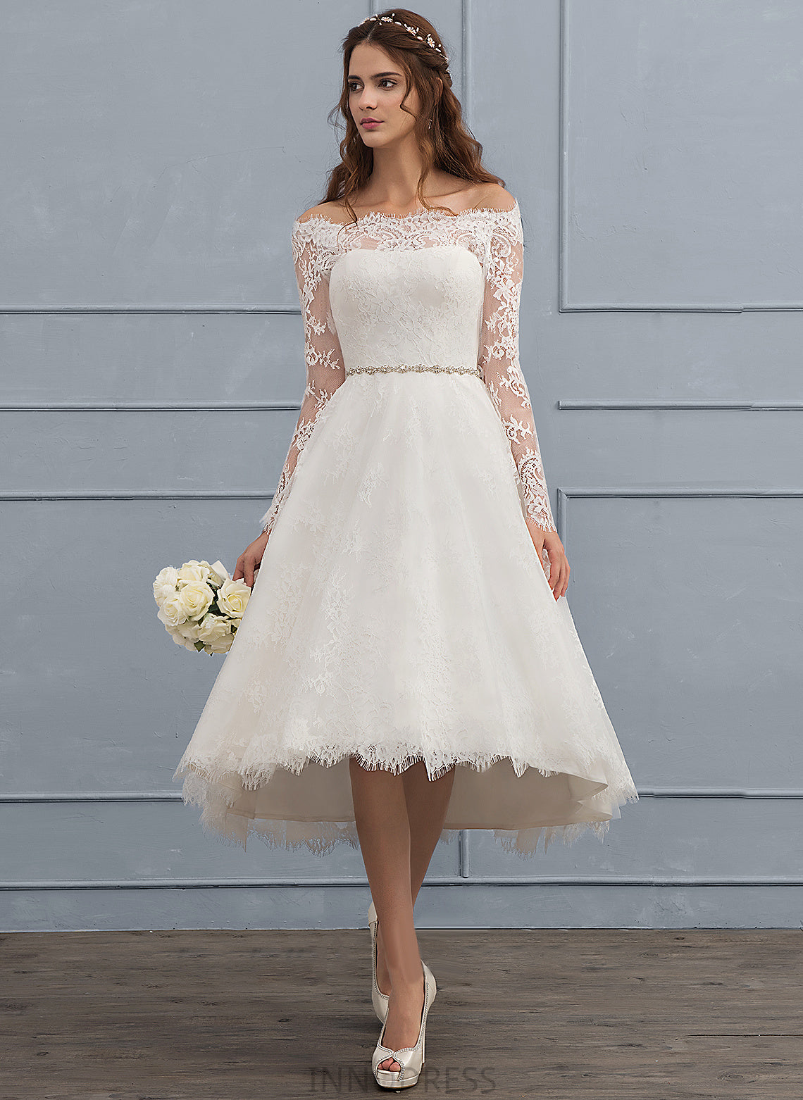 Jenna Wedding Dresses Off-the-Shoulder With Lace A-Line Dress Beading Asymmetrical Wedding