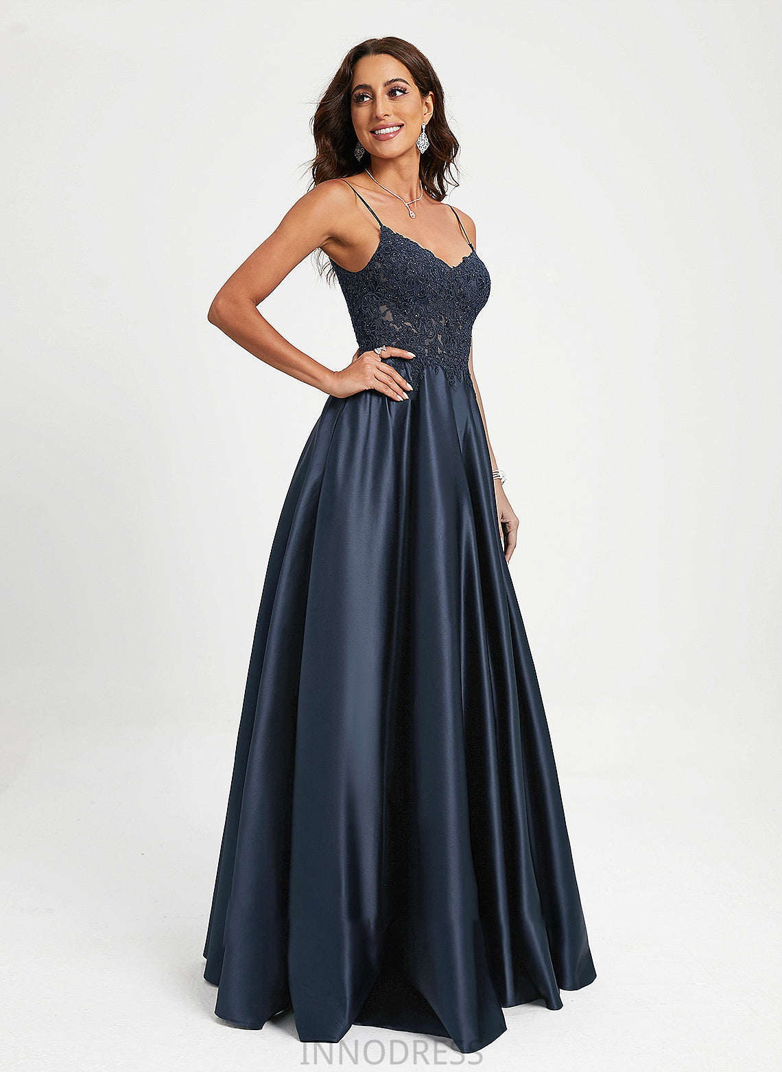 V-neck Sequins Floor-Length Lace With Prom Dresses Paisley Satin A-Line