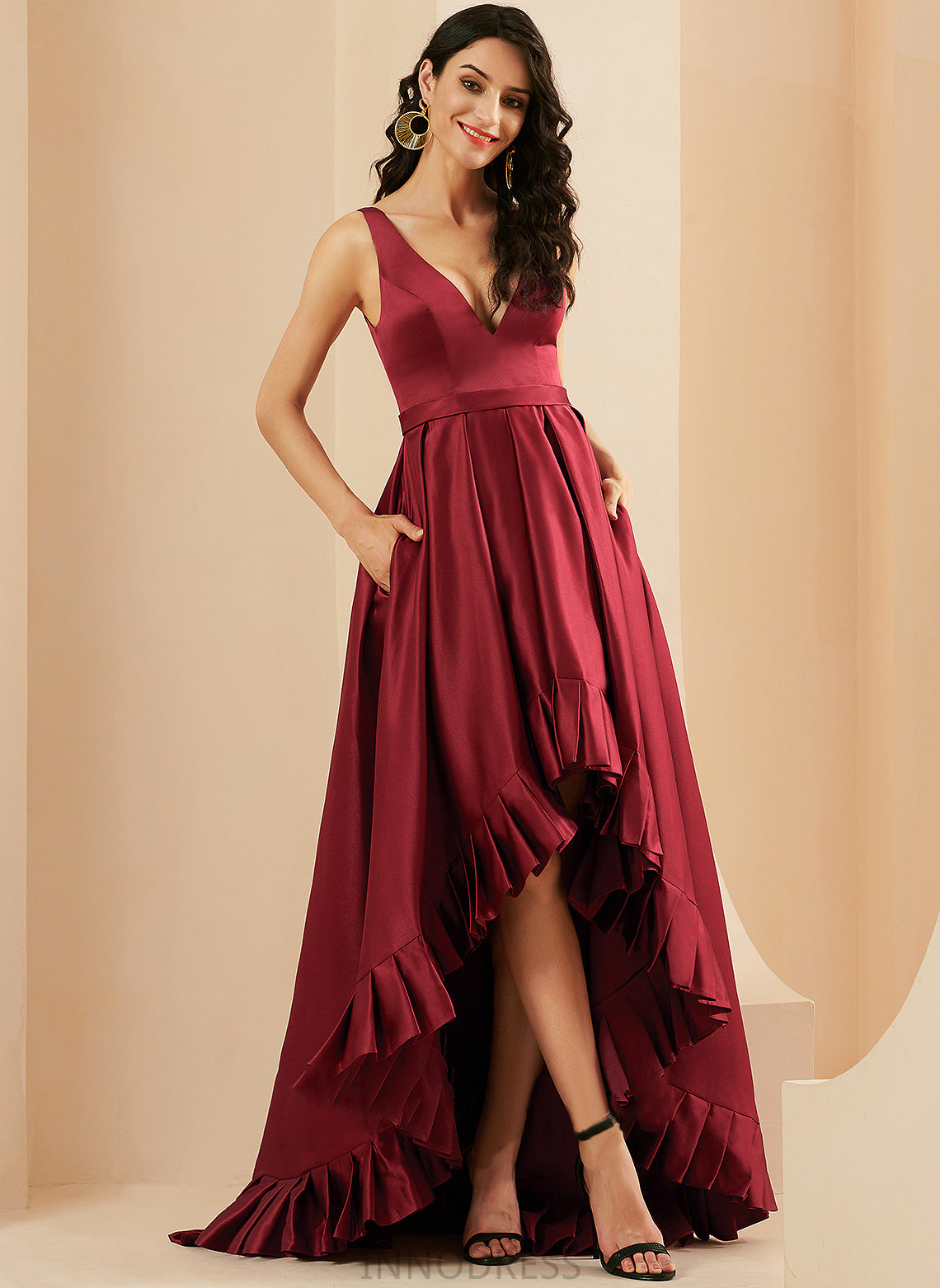 Asymmetrical With Prom Dresses Ball-Gown/Princess Pockets V-neck Madison Satin