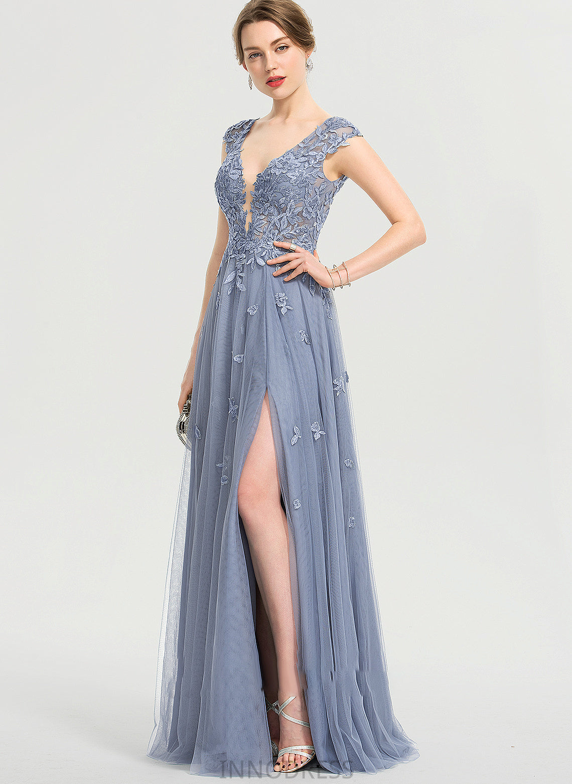 Prom Dresses A-Line Split Harper Tulle Floor-Length With V-neck Front Sequins