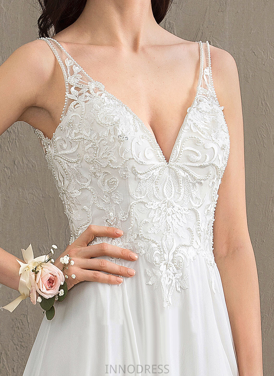 Train Beading V-neck Chiffon Amaris Wedding Front Sweep Sequins Dress Lace Wedding Dresses With A-Line Split