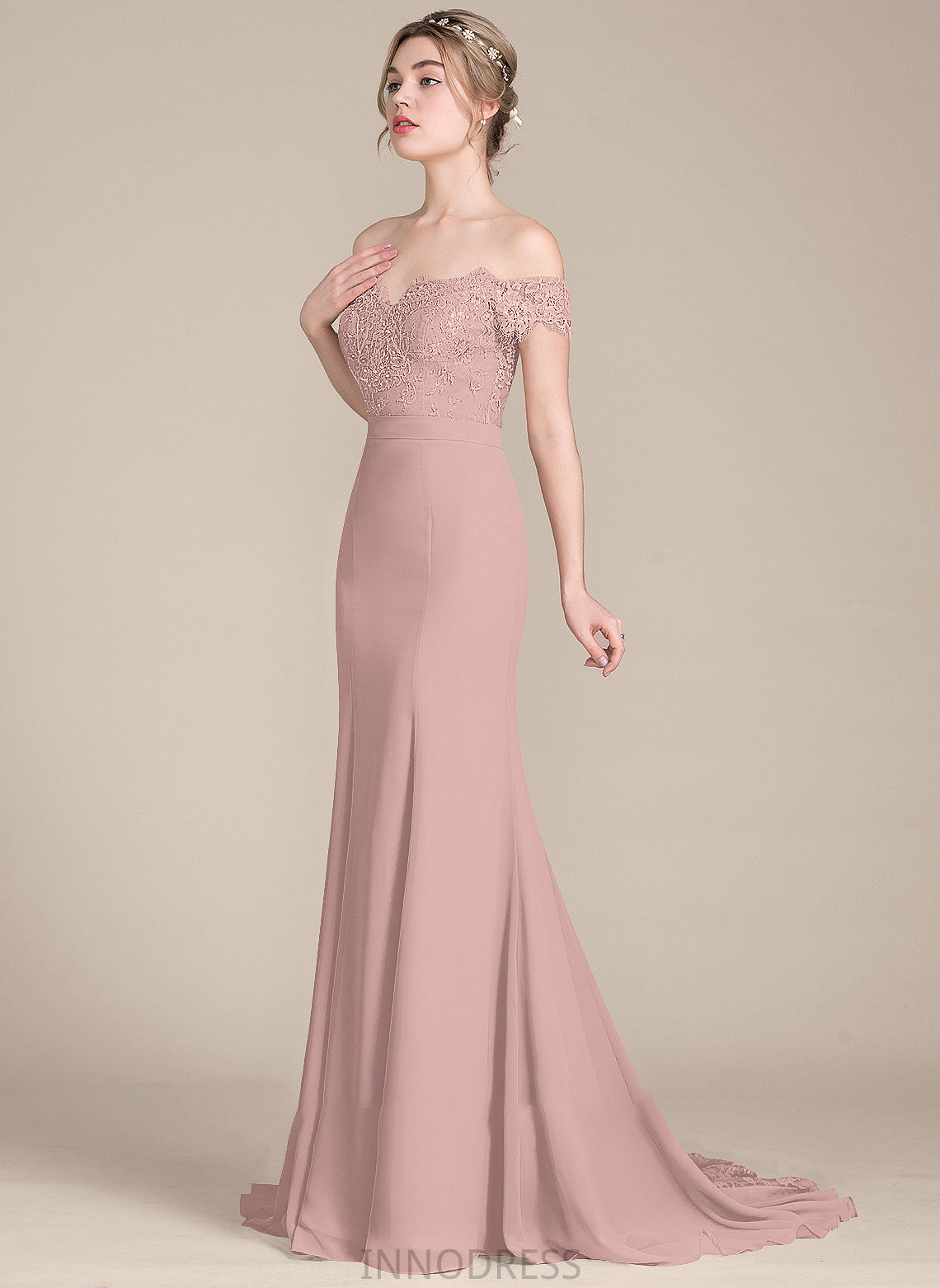 Court Prom Dresses Off-the-Shoulder Trumpet/Mermaid Train Lace Natalee With Chiffon Sequins