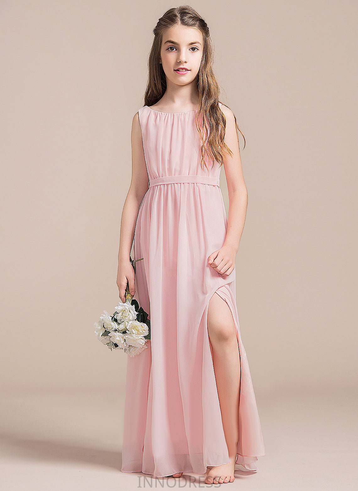 Split Ruffle Floor-Length Front Junior Bridesmaid Dresses A-Line With Hailie Neck Chiffon Scoop