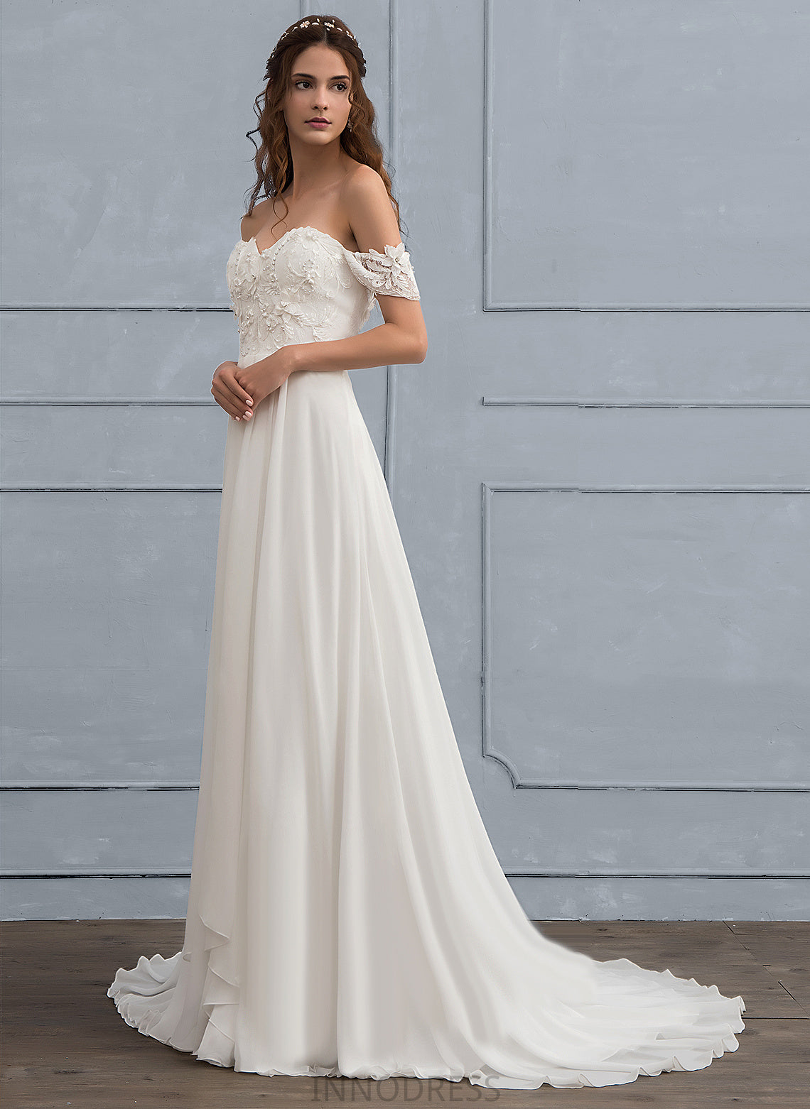 With Wedding Flower(s) Adison A-Line Train Beading Lace Wedding Dresses Sweep Off-the-Shoulder Chiffon Dress