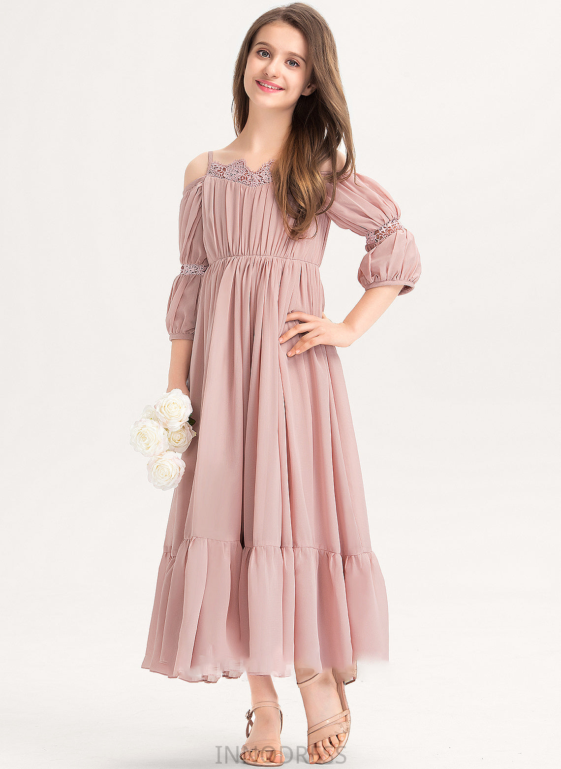 Chiffon Ankle-Length Square A-Line Ruffle Lace Shea Junior Bridesmaid Dresses Neckline With