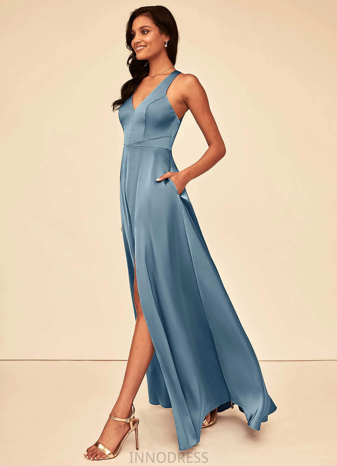 Paola A-Line/Princess Floor Length Natural Waist V-Neck Bridesmaid Dresses