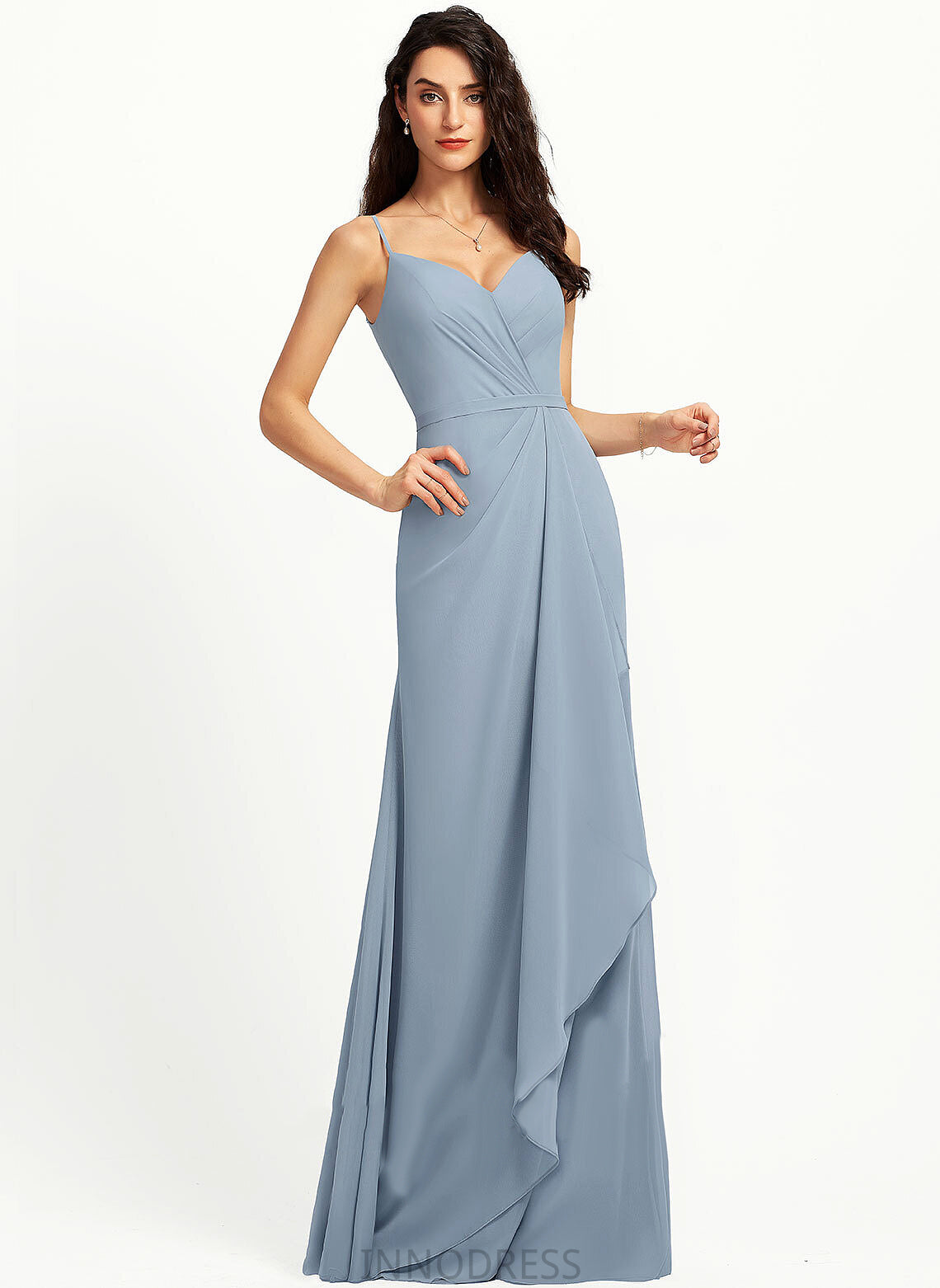 Silhouette Neckline V-neck Fabric Floor-Length Length Straps Sheath/Column Camilla Spaghetti Staps Natural Waist Sleeveless Bridesmaid Dresses