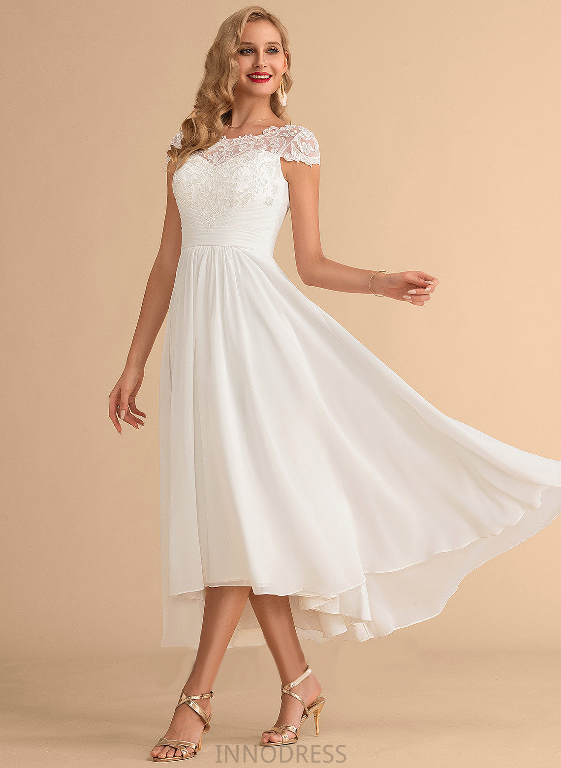 Scoop Dress A-Line Chiffon Natasha Wedding Lace Neck Asymmetrical Wedding Dresses