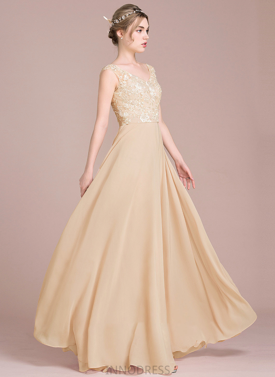 Chiffon Prom Dresses Lace Emmalee A-Line V-neck Floor-Length