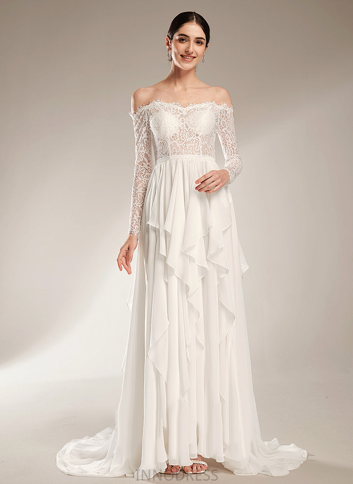 Wedding Dresses Court Off-the-Shoulder Dress Ruffle Lace Dominique With Train Chiffon A-Line Wedding