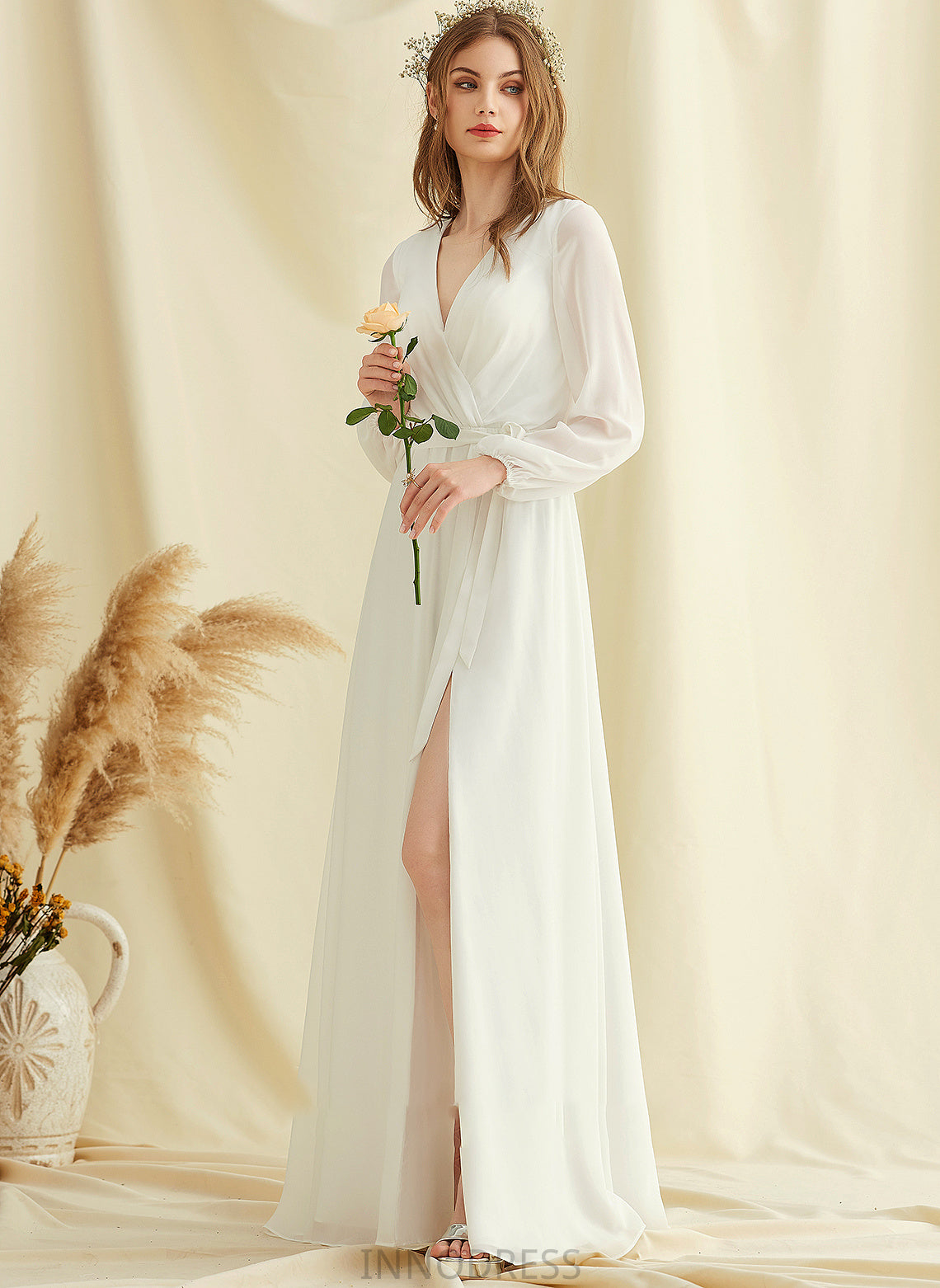 A-Line Front Chaya Dress Wedding Dresses Wedding Split V-neck Chiffon With Floor-Length