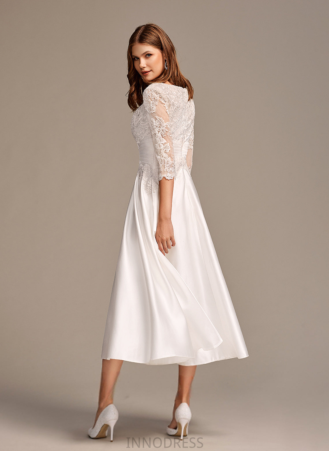 Tea-Length Wedding Dresses Scoop Toni Satin Dress Wedding A-Line Lace