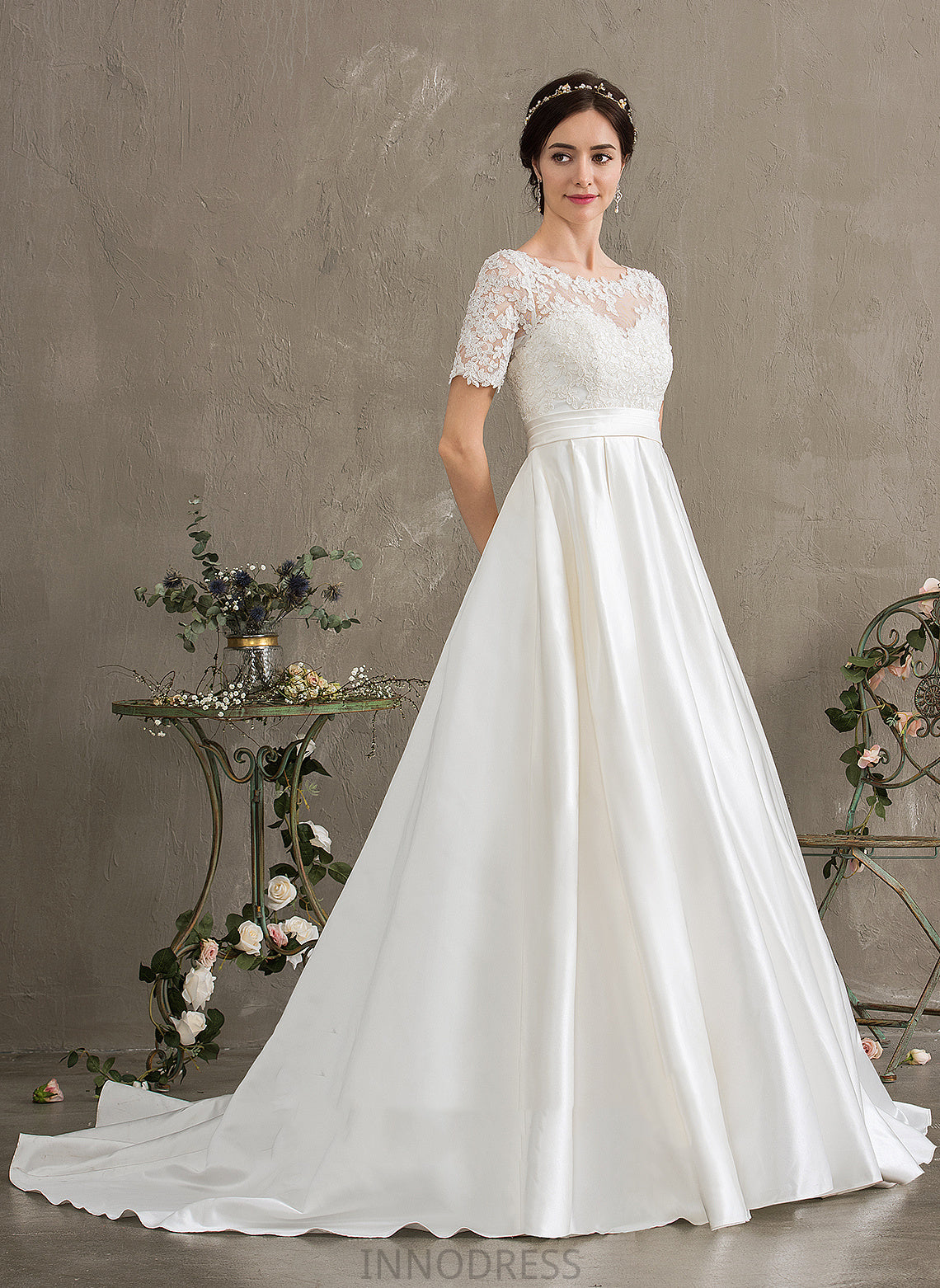 Satin Ball-Gown/Princess With Train Sequins Lace Dress Beading Pockets Cora Court Wedding Dresses Wedding