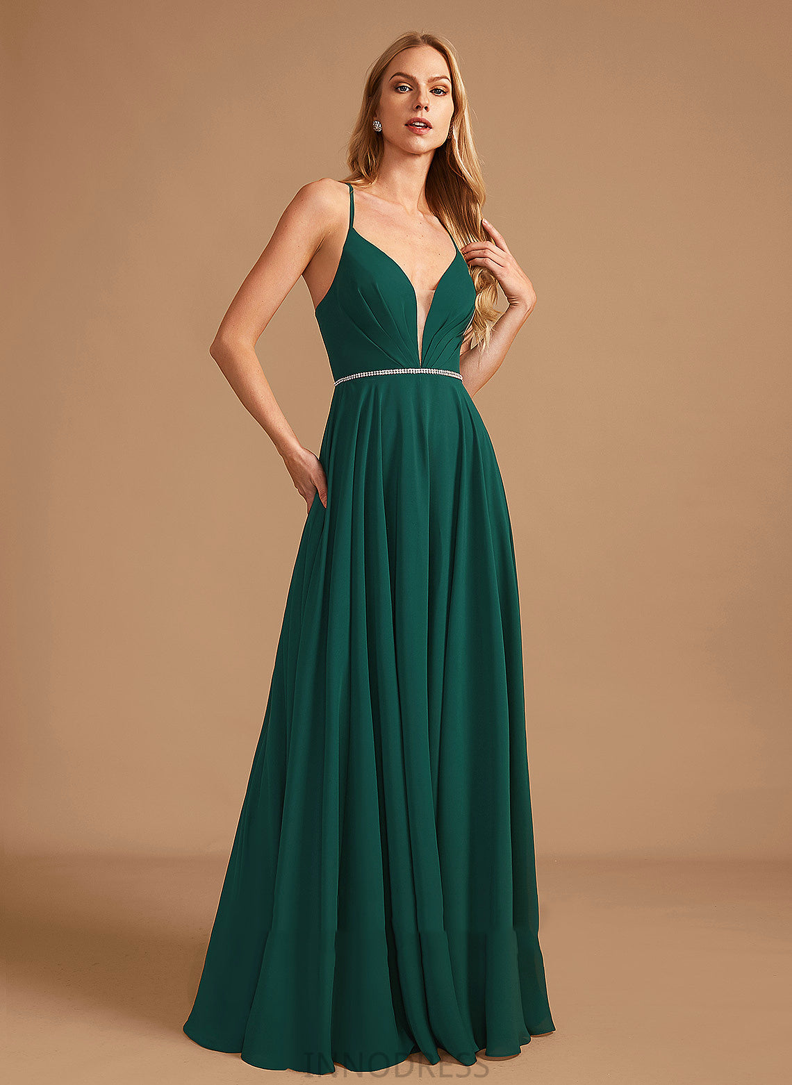 Floor-Length Beading Length Fabric Silhouette A-Line Embellishment V-neck Neckline Quinn A-Line/Princess Natural Waist Bridesmaid Dresses