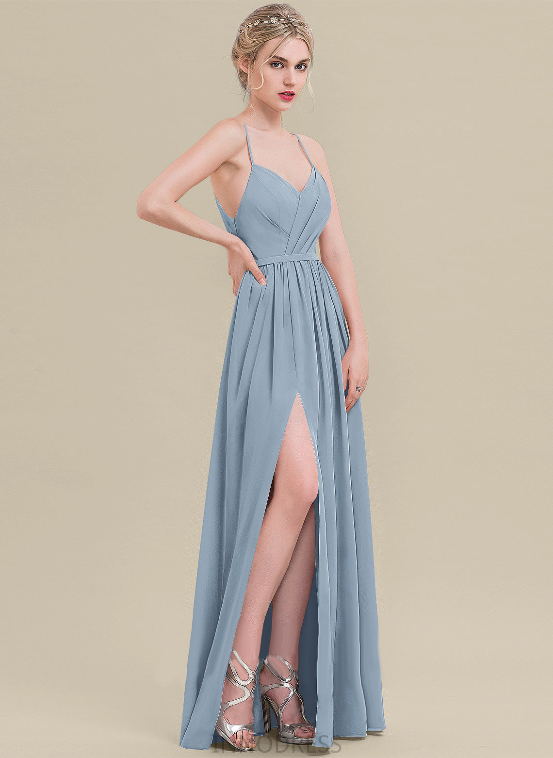 Floor-Length Fabric Pleated Embellishment Silhouette V-neck A-Line Length Neckline Autumn Bridesmaid Dresses