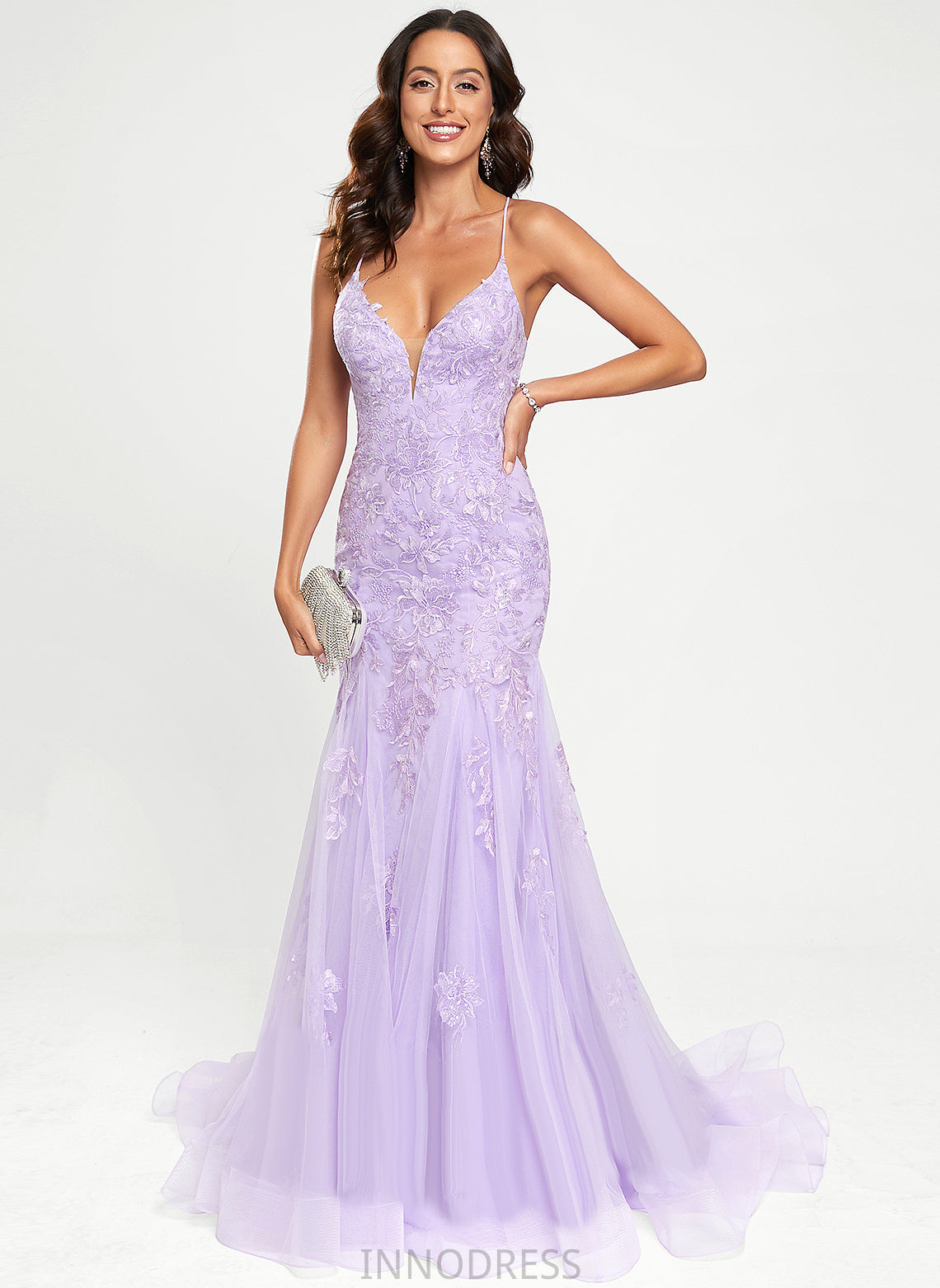 With Train Sweep Prom Dresses Lace V-neck Trumpet/Mermaid Jaylynn Sequins Tulle