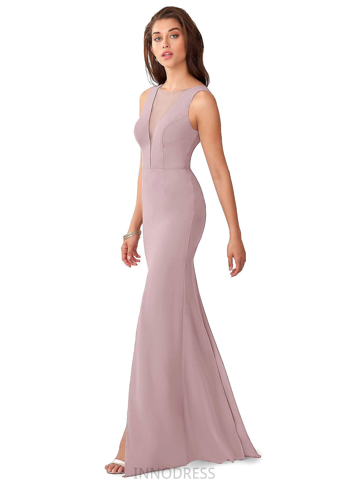 Gloria Floor Length Natural Waist Sleeveless Satin Sheath/Column V-Neck Bridesmaid Dresses