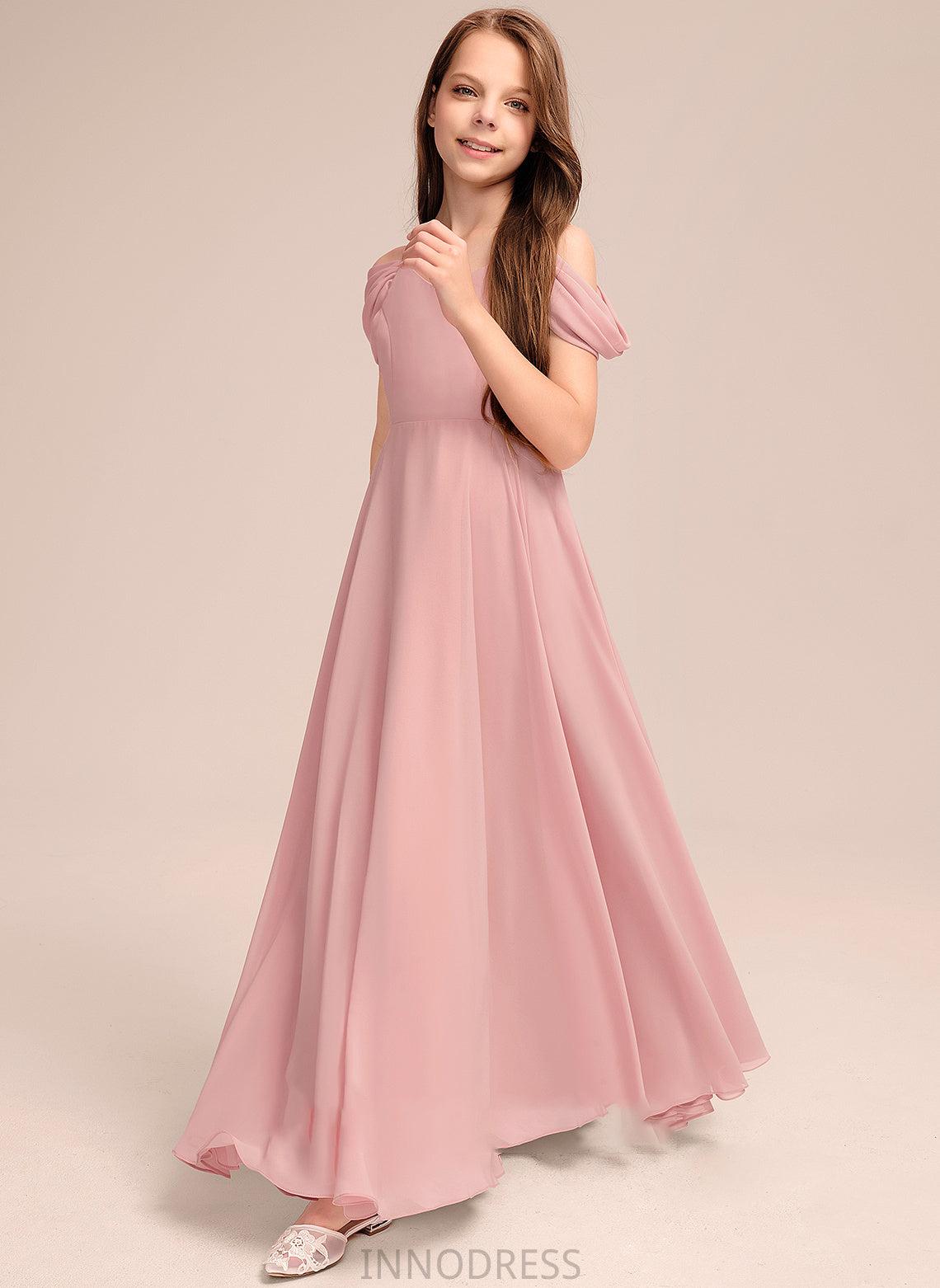 Chiffon Lesly Floor-Length V-neck Junior Bridesmaid Dresses A-Line Ruffle With