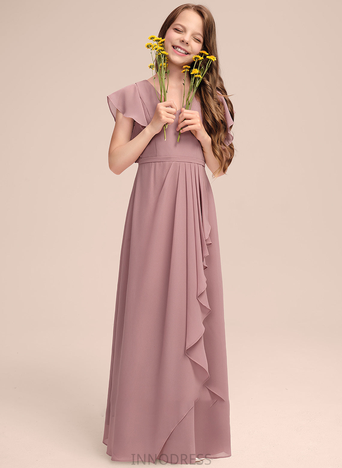 Cascading V-neck With Crystal Floor-Length Ruffles A-Line Junior Bridesmaid Dresses Chiffon