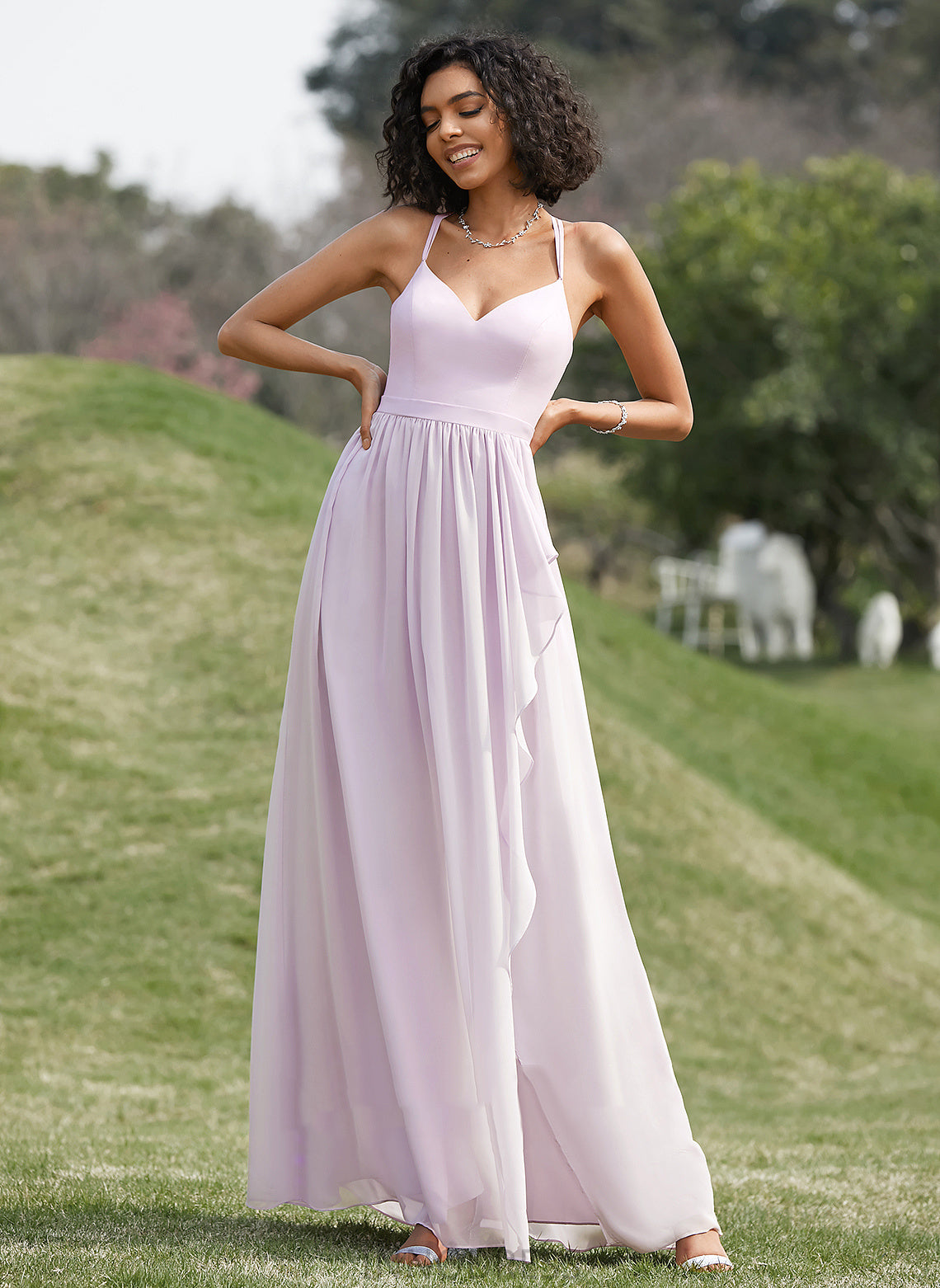 Embellishment Silhouette Fabric SplitFront Length Ruffle A-Line V-neck Neckline Asymmetrical Janae Sleeveless Bridesmaid Dresses