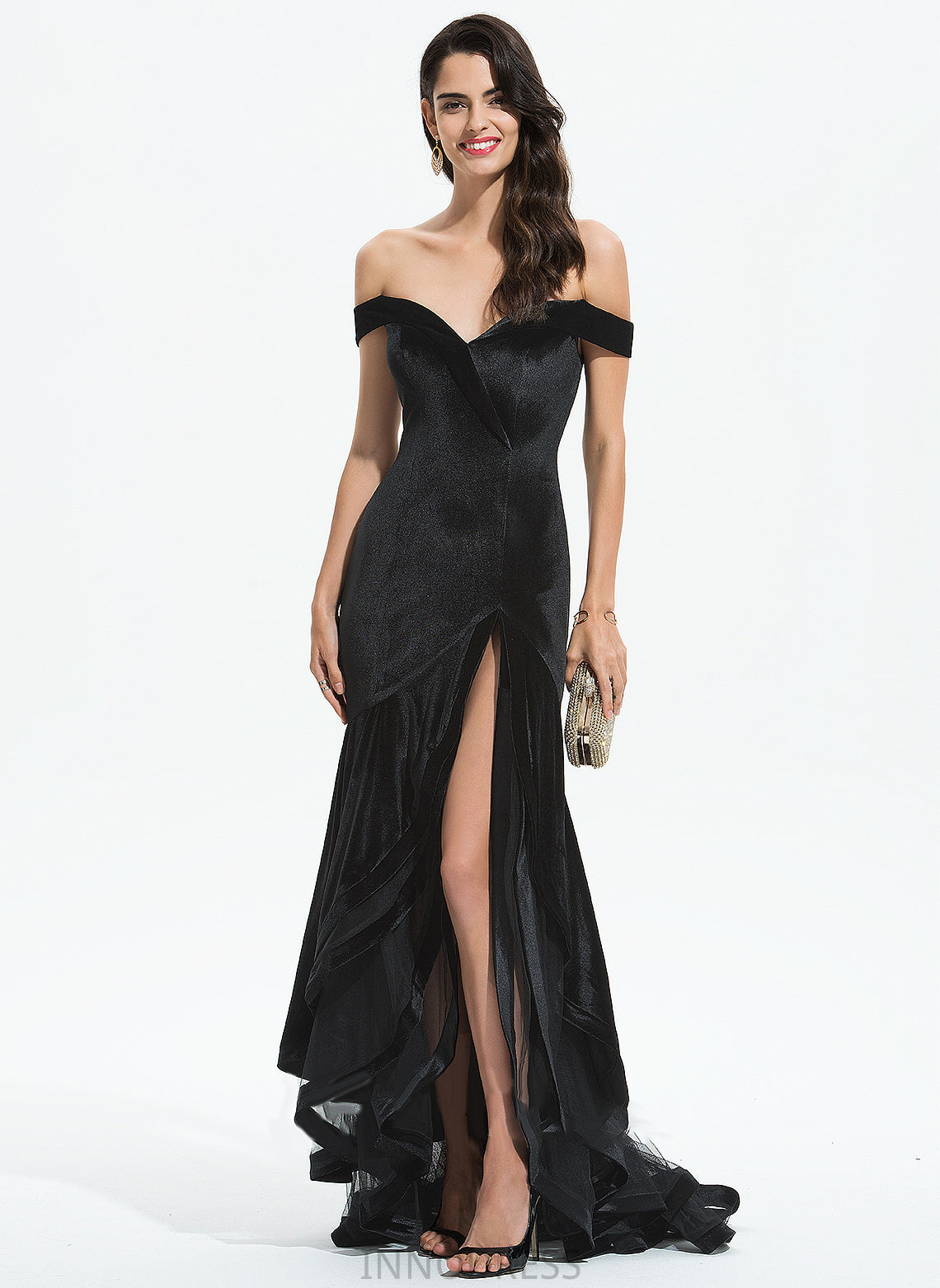 Moriah Ruffles With Off-the-Shoulder Prom Dresses Trumpet/Mermaid Cascading Train Velvet Sweep