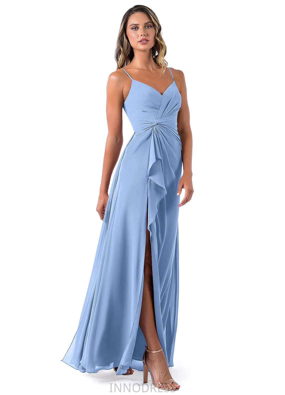 Celeste Floor Length Sleeveless Natural Waist Sheath/Column V-Neck Bridesmaid Dresses