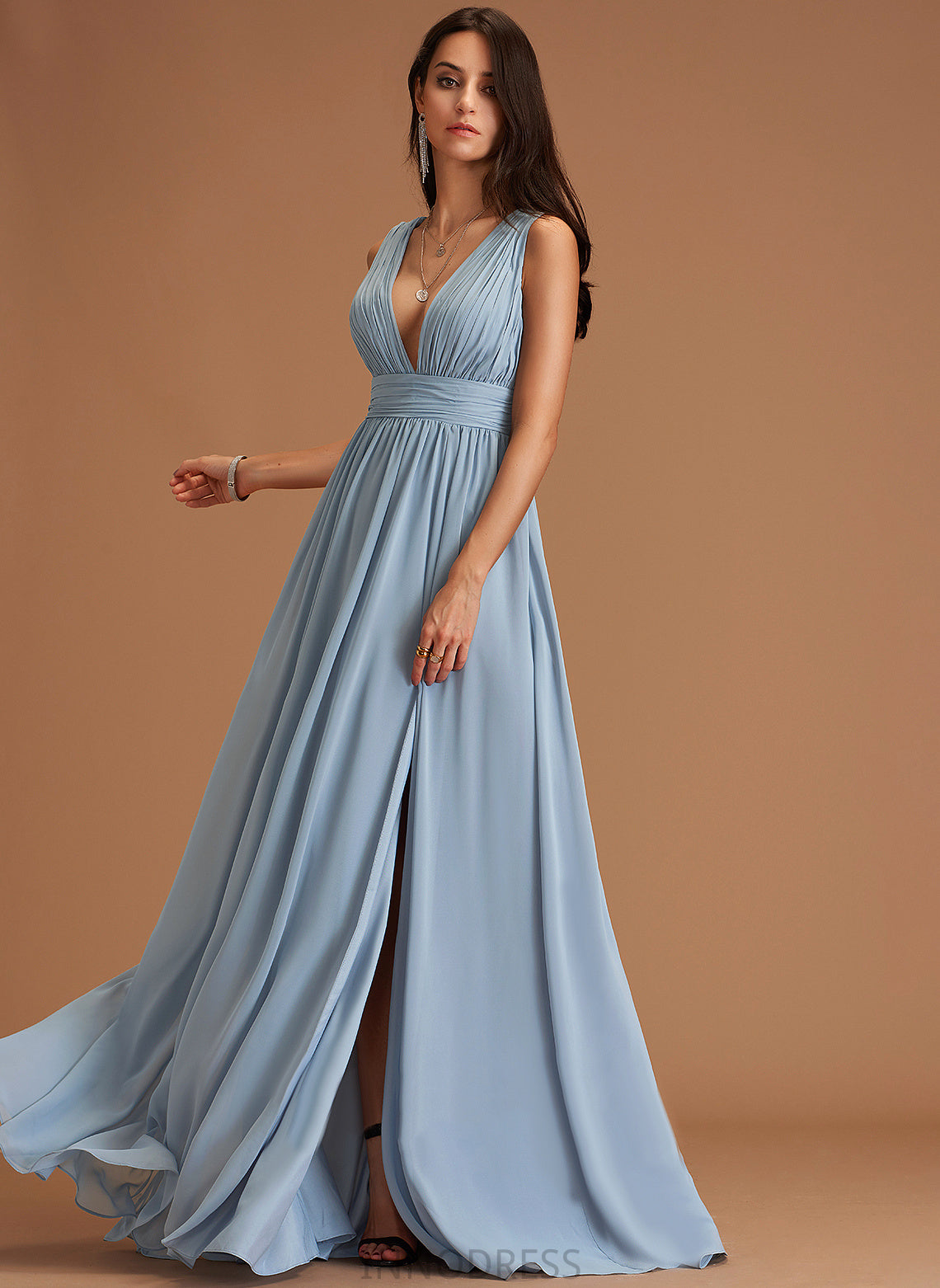 Floor-Length Length Fabric Silhouette A-Line Straps&Sleeves Neckline V-neck Shyla Bridesmaid Dresses