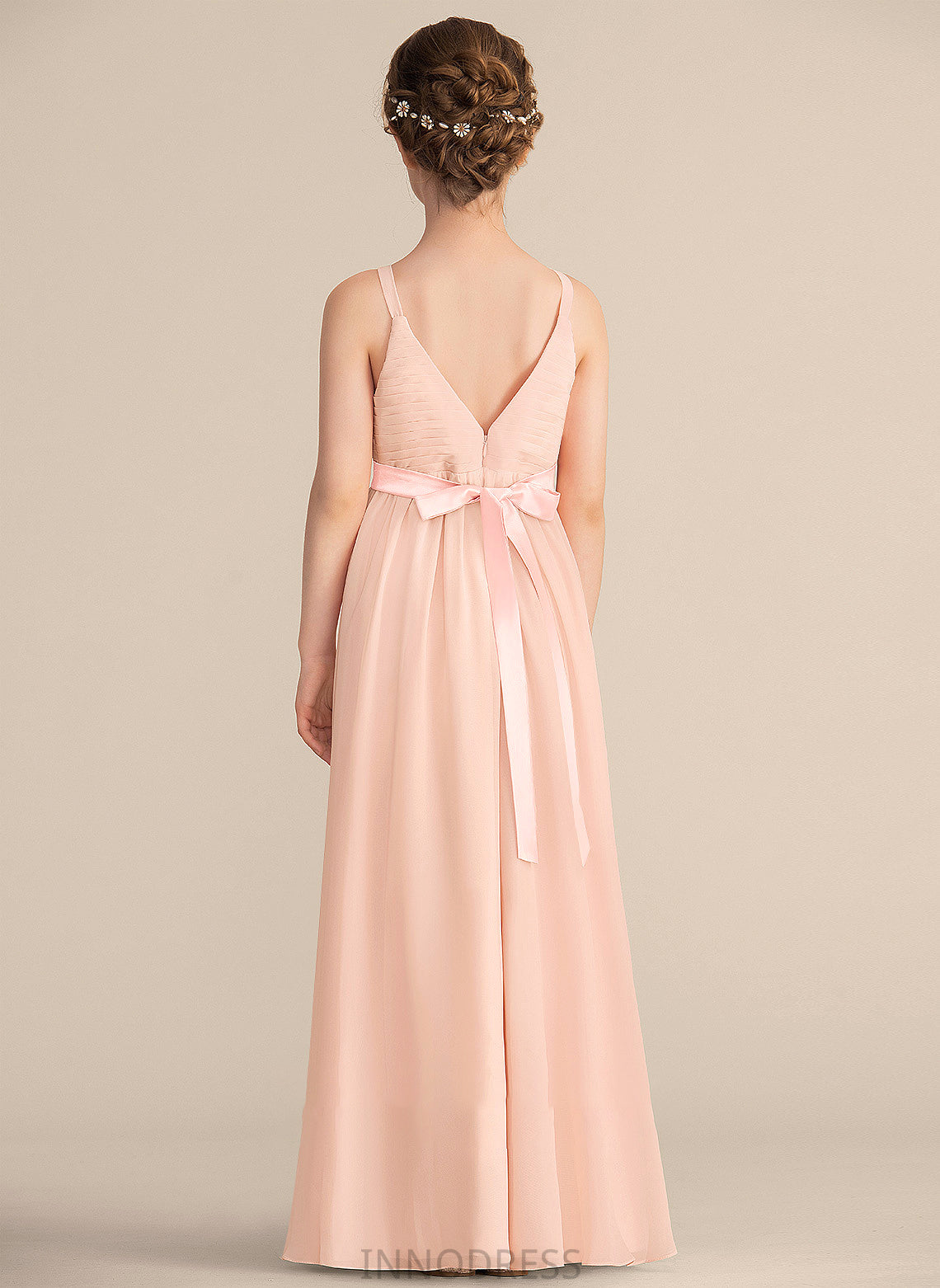 A-Line Floor-Length Ruffle Bow(s) With V-neck Chiffon Junior Bridesmaid Dresses Kinsley