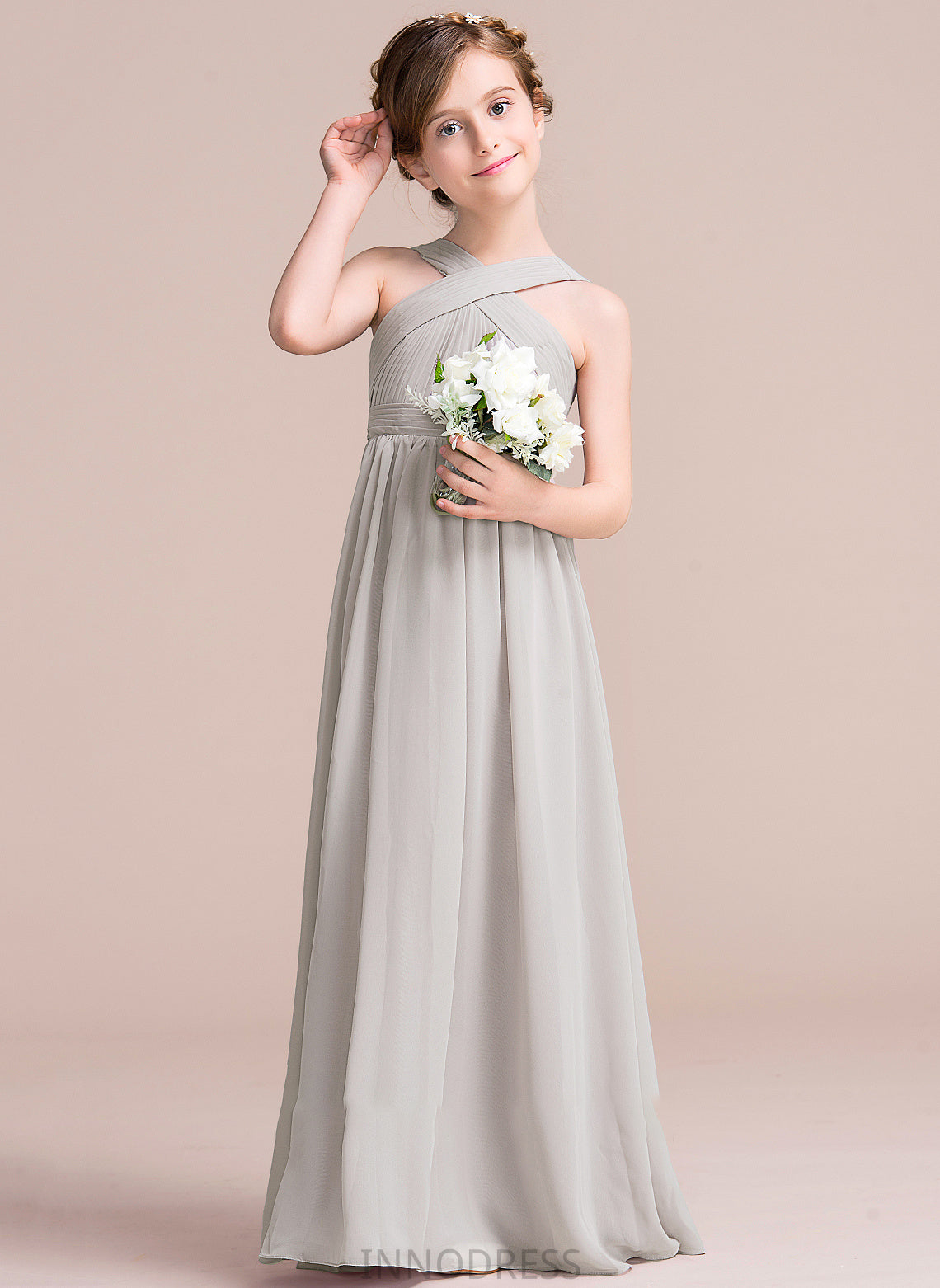 V-neck Ruffle A-Line Amelia With Chiffon Floor-Length Bow(s) Junior Bridesmaid Dresses