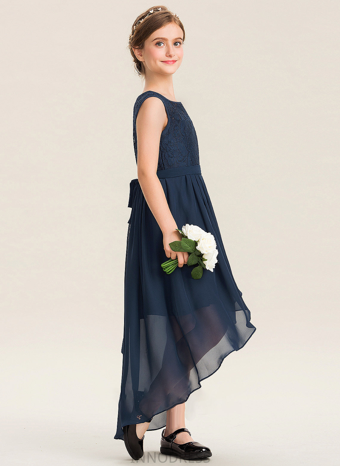 Cascading Lace Junior Bridesmaid Dresses Asymmetrical Bow(s) Chiffon Noelle With A-Line Neck Scoop Ruffles