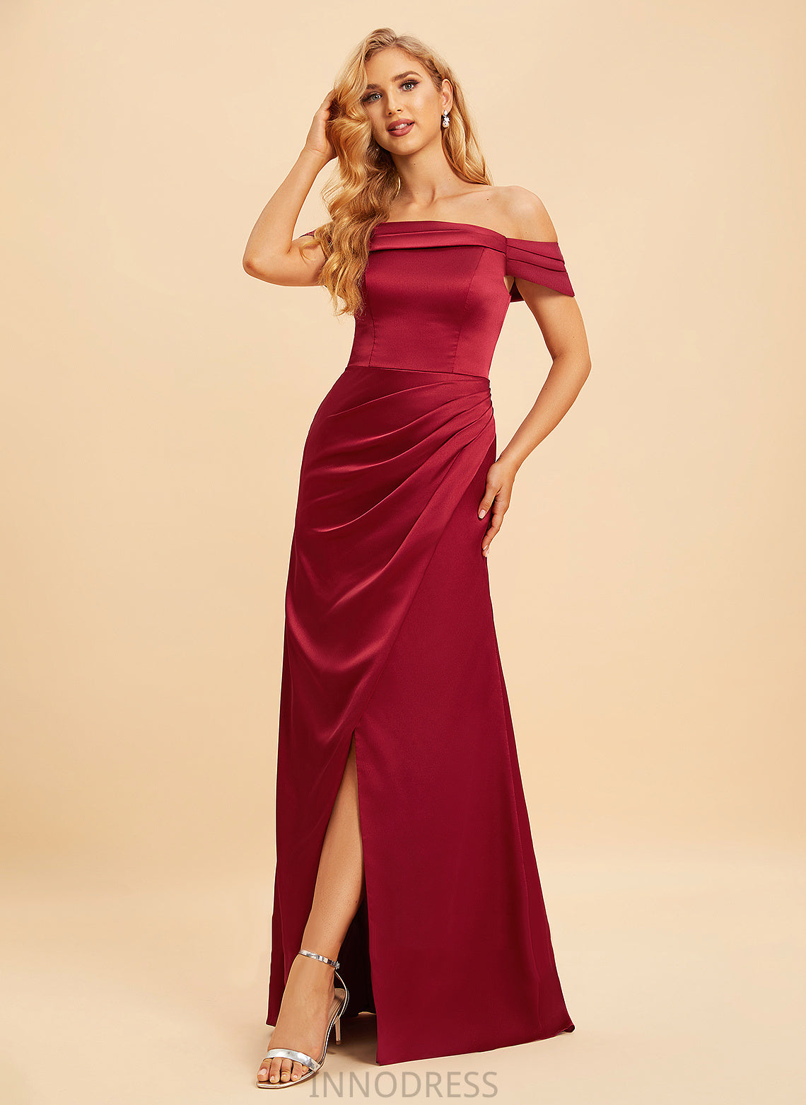 Neckline Embellishment Off-the-Shoulder Floor-Length Length Fabric A-Line SplitFront Silhouette Marely Sleeveless Scoop Bridesmaid Dresses