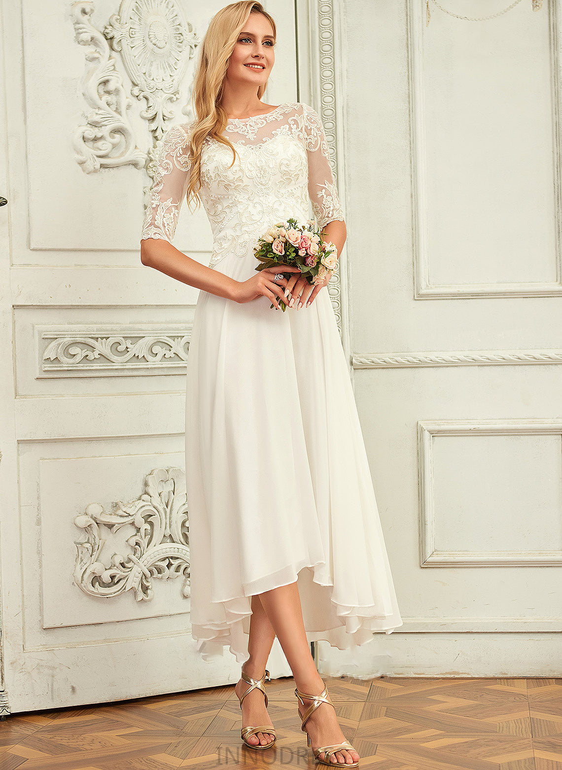 Annie Scoop Wedding Sequins Beading Asymmetrical Chiffon Dress Wedding Dresses A-Line With Neck