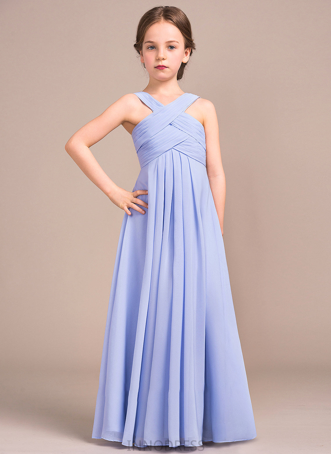 V-neck A-Line Chiffon Junior Bridesmaid Dresses Floor-Length Jaslene Ruffle With