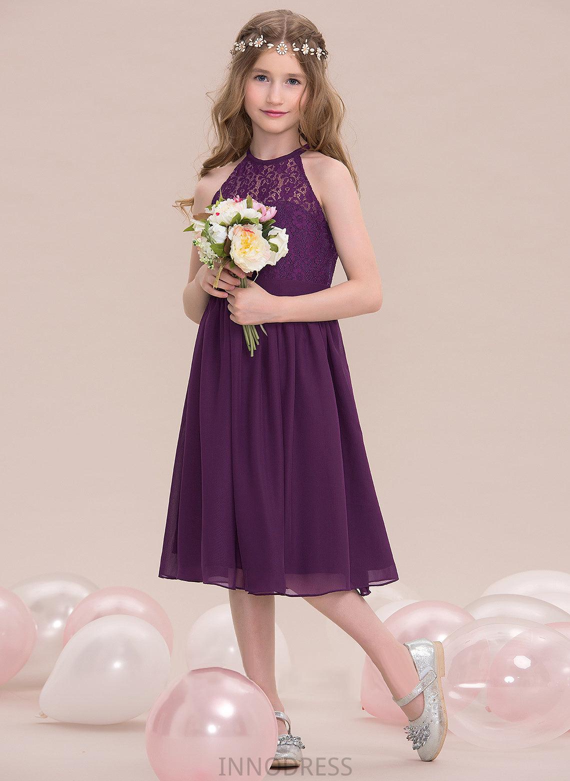 Chiffon Neck Junior Bridesmaid Dresses Adelaide Scoop Knee-Length A-Line