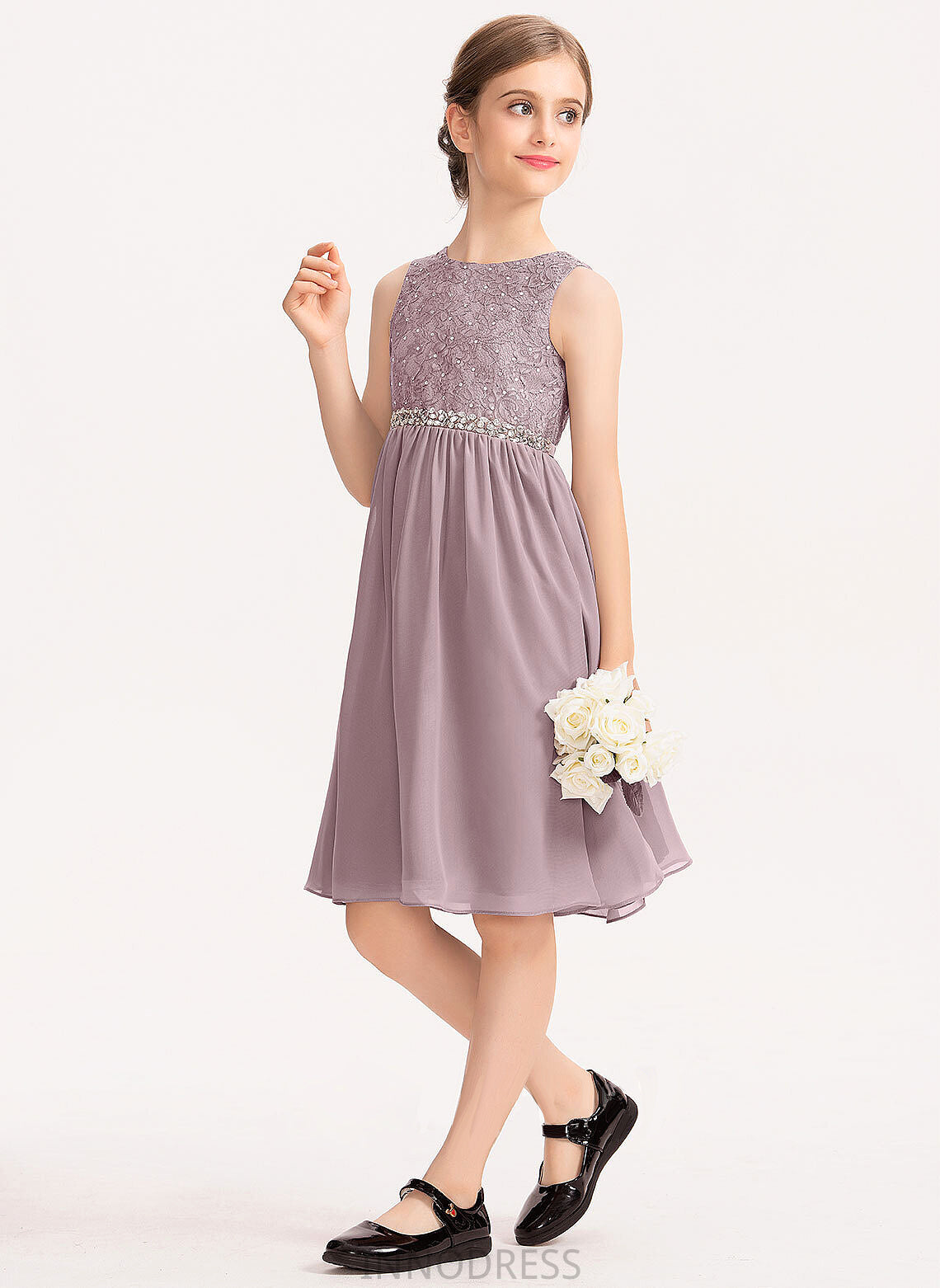 Knee-Length A-Line Chiffon Lace Gretchen Junior Bridesmaid Dresses Scoop With Bow(s) Neck Beading