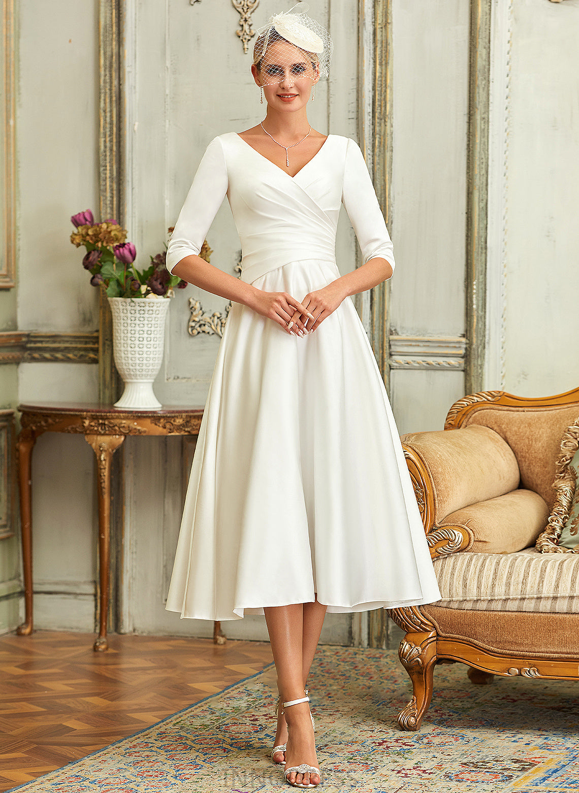 A-Line Dress V-neck Wedding Guadalupe Satin Tea-Length Wedding Dresses