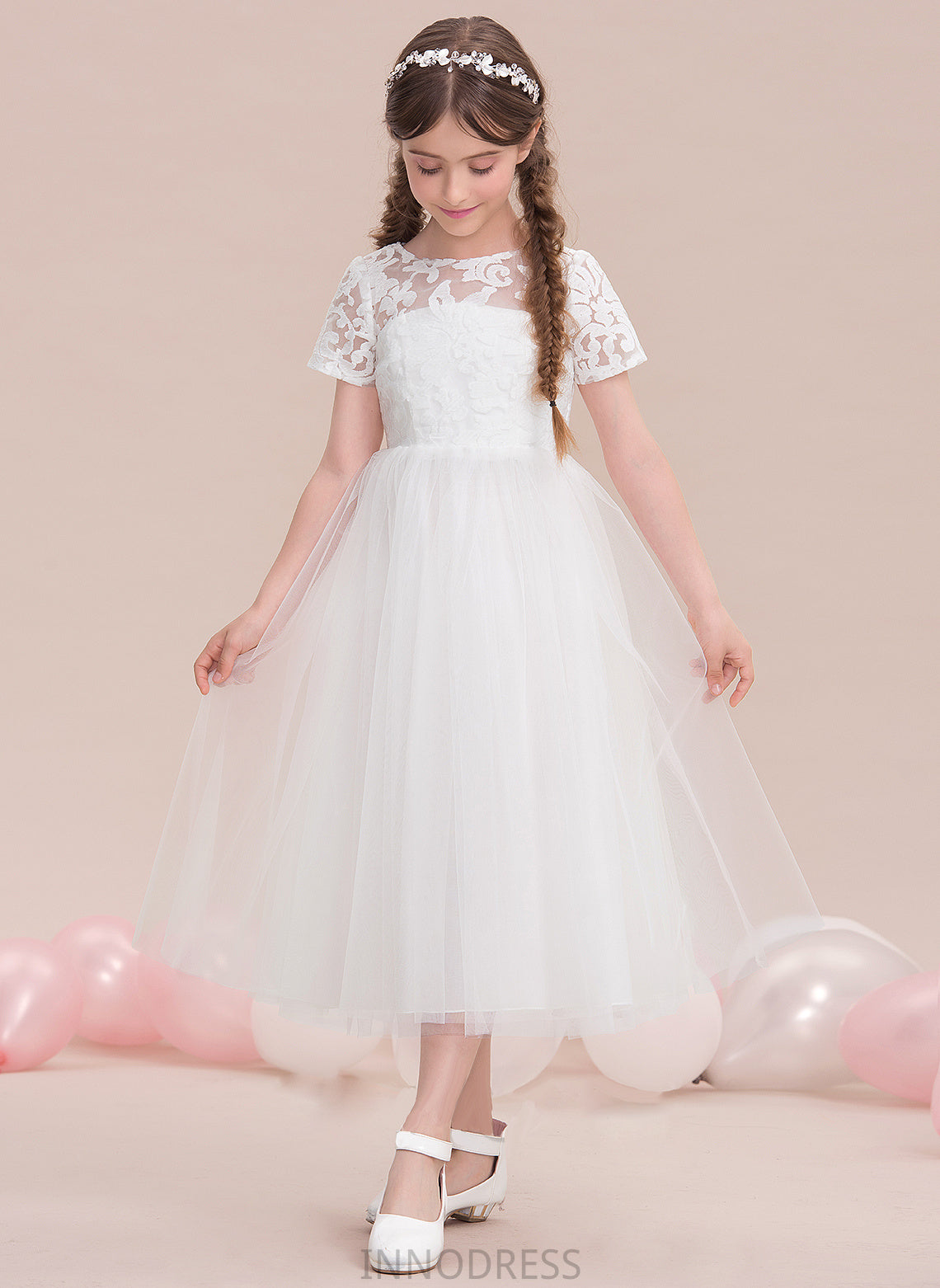 Scoop Junior Bridesmaid Dresses A-Line Tulle Nathaly Neck Tea-Length