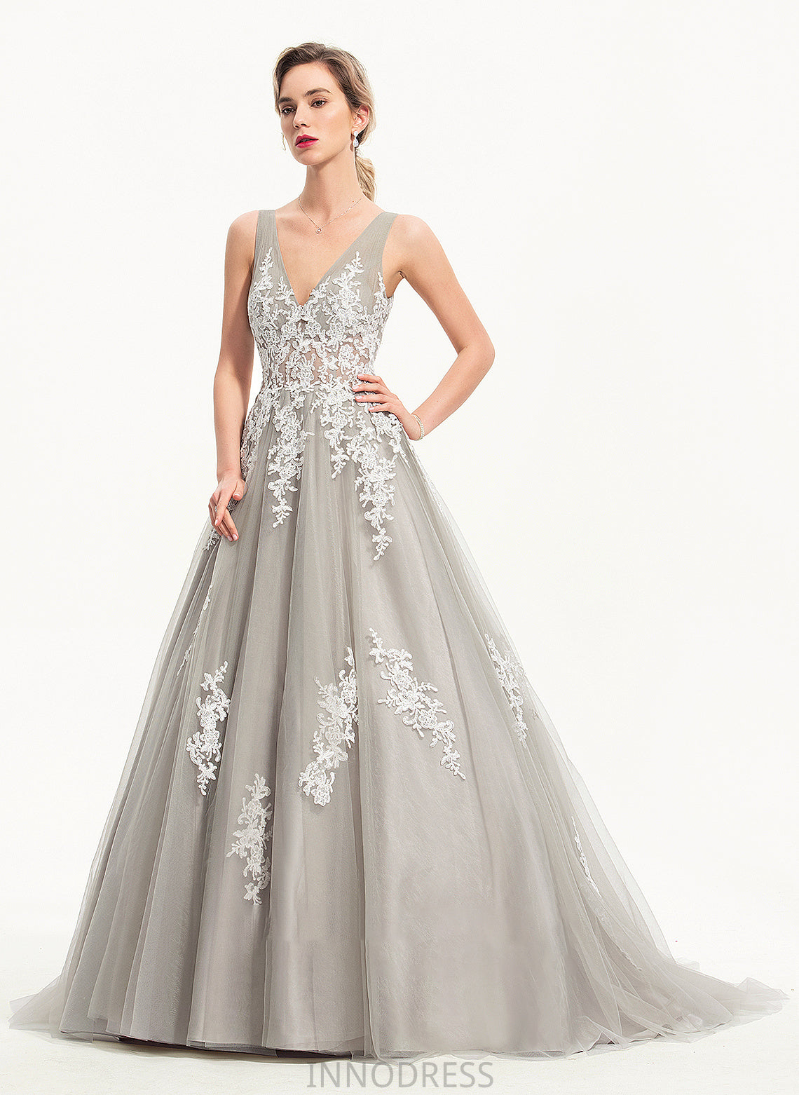 Train V-neck Ball-Gown/Princess Tulle Sweep Kaia Prom Dresses