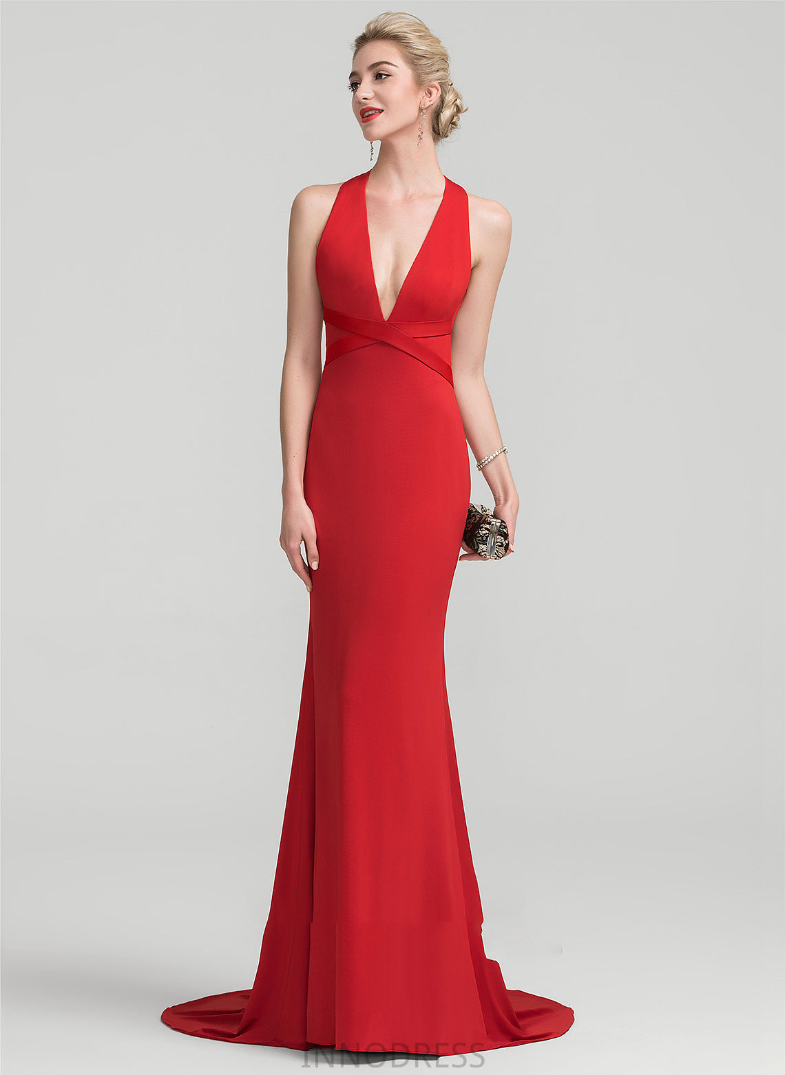 Train V-neck Jersey Sweep Kyra Trumpet/Mermaid Prom Dresses