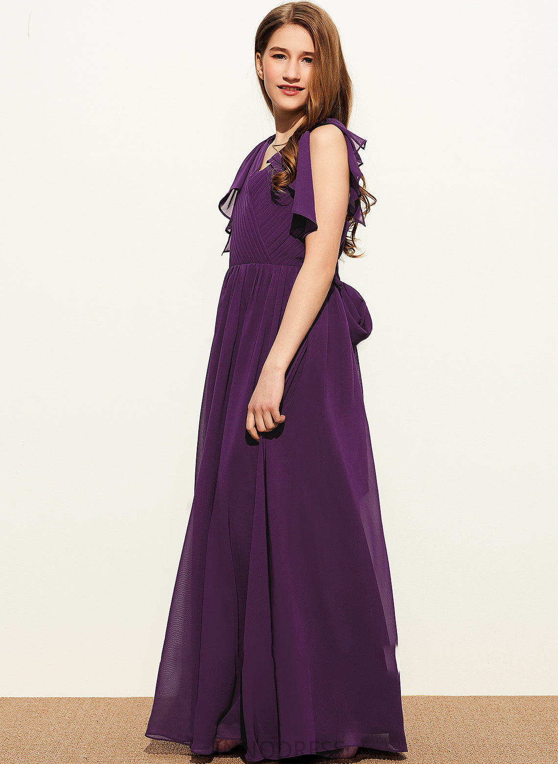 With Cascading A-Line V-neck Junior Bridesmaid Dresses Ruffles Dulce Bow(s) Floor-Length Chiffon