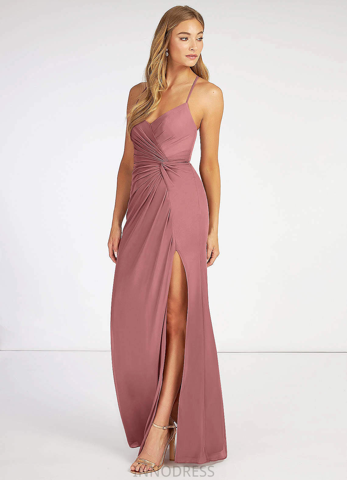 Ella Sheath/Column V-Neck Floor Length Natural Waist Sleeveless Bridesmaid Dresses