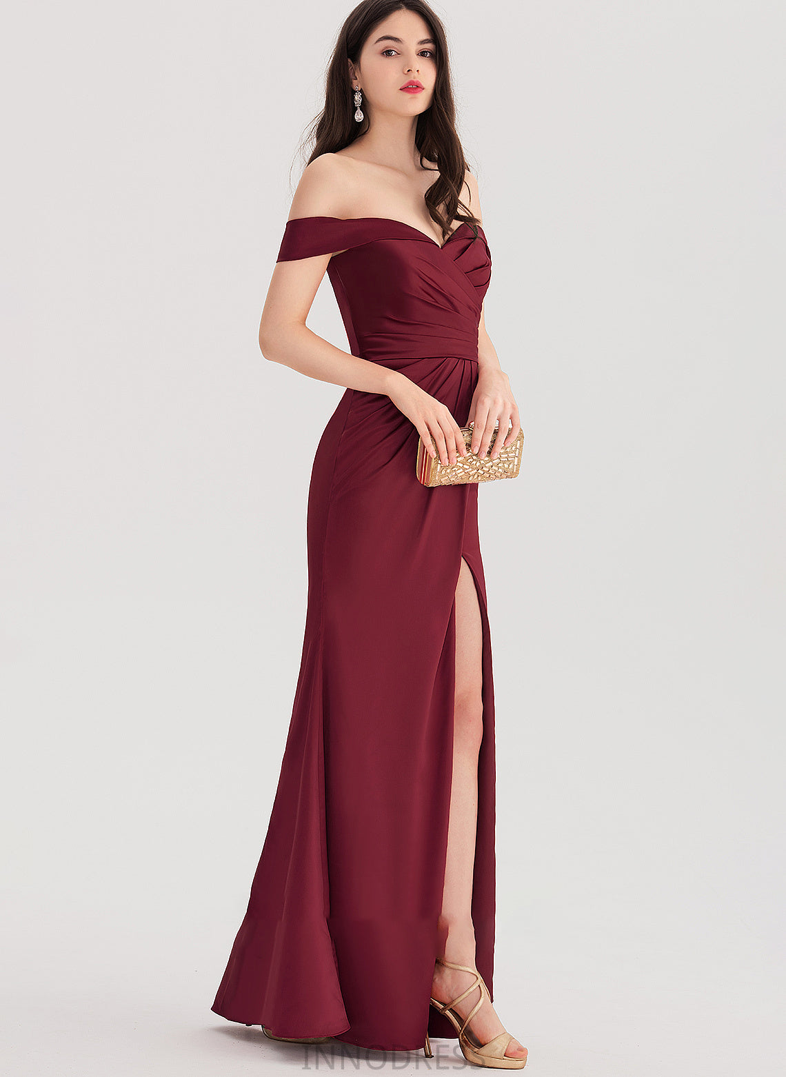 Split Off-the-Shoulder Front Ruffle Floor-Length Satin Cherish Sheath/Column With Prom Dresses