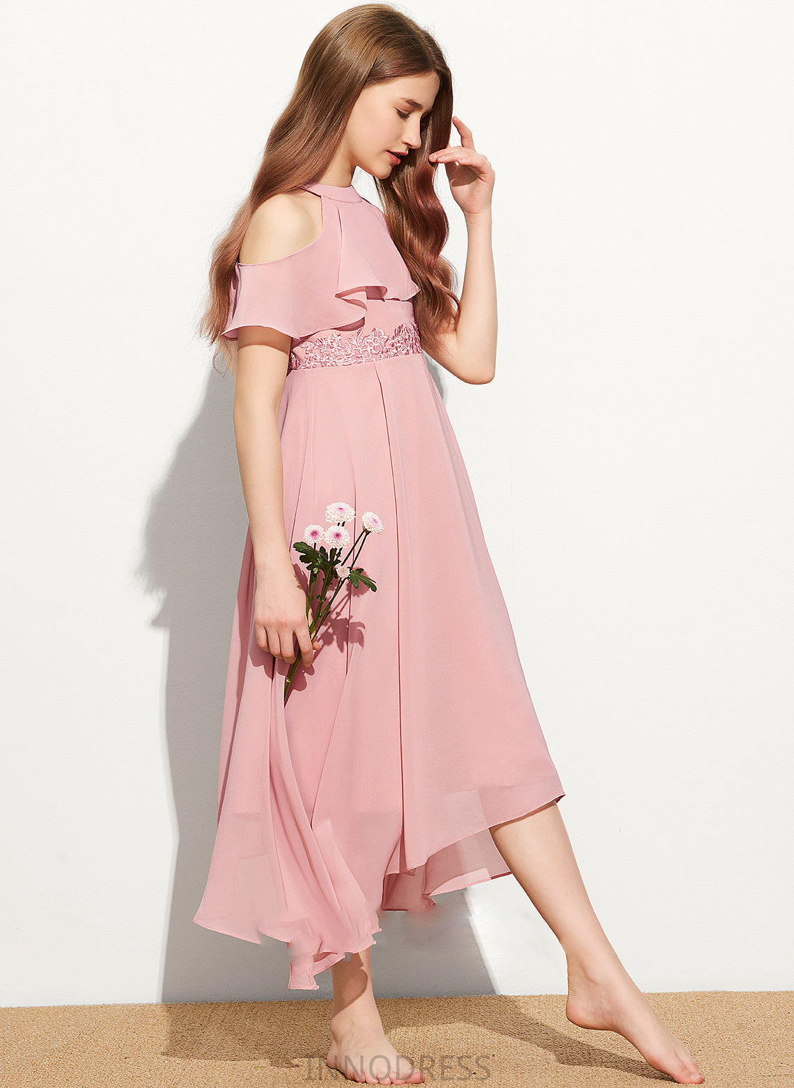 Scoop A-Line Junior Bridesmaid Dresses Logan Lace Tea-Length Chiffon Neck