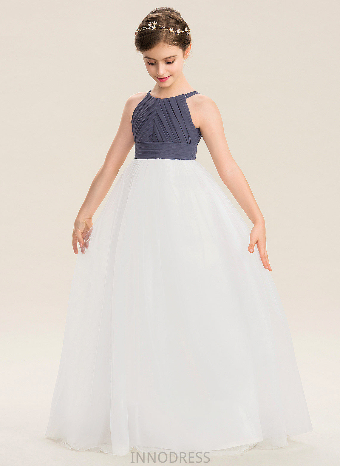 Floor-Length Scoop Neck Ruffle Junior Bridesmaid Dresses With A-Line Chiffon Tulle Talia